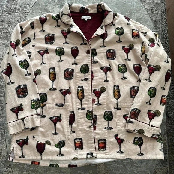SALVAGE CHEERS PAJAMA TOP ONLY Flannel WINE COCKTAILS  size L - Picture 1 of 4